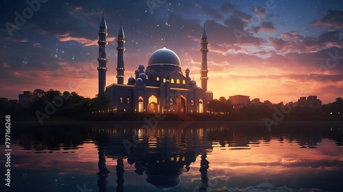 A painting of a mosque with a crescent moon, water reflection