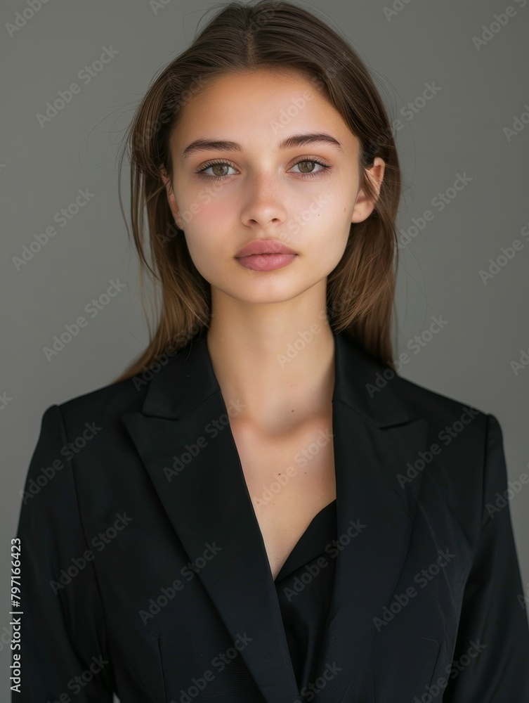 Confident young woman in a black blazer posing for a professional portrait Confident young woman in a black blazer posing for a professional portrait