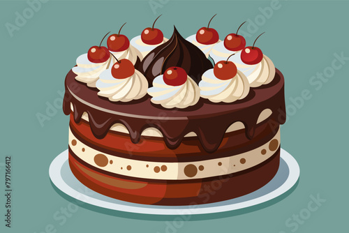 A sophisticated black forest gateau with layers of chocolate sponge cake, cherry compote, and whipped cream, garnished with chocolate shavings