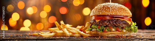 Delicious Cheeseburger and Fries on Wooden Table with Warm Bokeh Lights