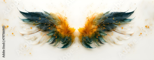 Angel wings, modern, colorful and arty interpretation of angel mythology, bright grunge background. A magic inspiration, beautiful mystic wall art, poster, tattoo template etc.