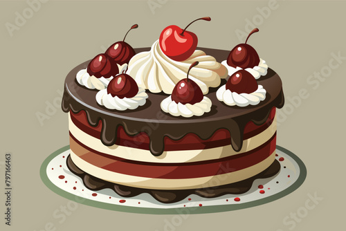 A sophisticated black forest gateau with layers of chocolate sponge cake, cherry compote, and whipped cream, garnished with chocolate shavings
