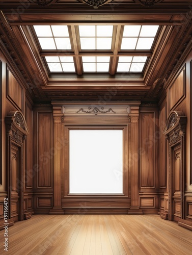 Elegant wooden interior with blank white canvas