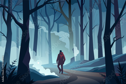 A solitary figure walking through a mist-covered forest, their breath visible in the cold air