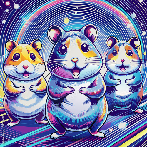 Cute cartoon hamster characters with different poses. Set of hamsters. Hamsters disco dancers. PNG version.