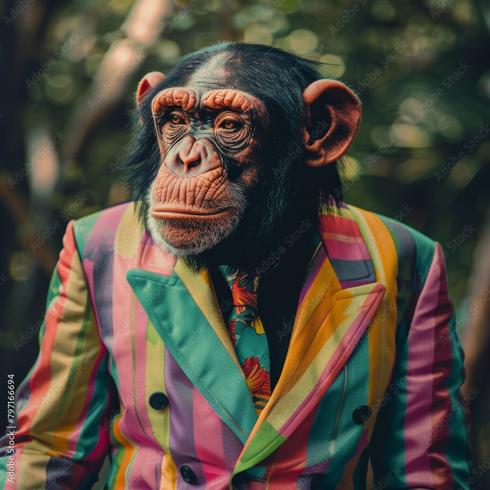 Chimpanzee in a colorful suit posing in nature Chimpanzee in a colorful suit posing in nature
