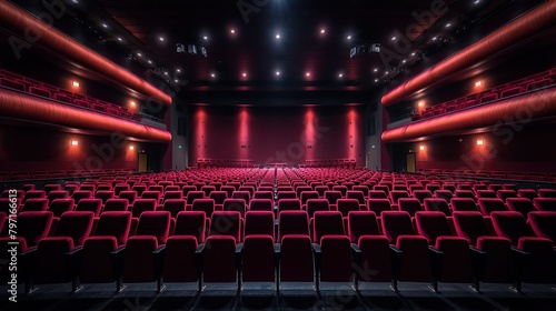 An empty theater with many red seats