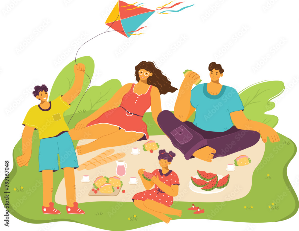 Family enjoying picnic green grass, children parents eating, flying kite. Young boy flies colorful kite, parents young girl sit around foodladen blanket, happy leisure activity outdoors. Casual