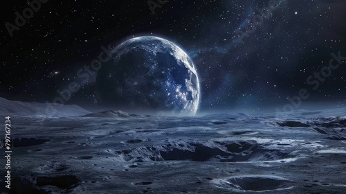 Craft a serene image of the moon's surface bathed in soft moonlight, set against the grandeur of a massive planet hanging prominently in the celestial expanse