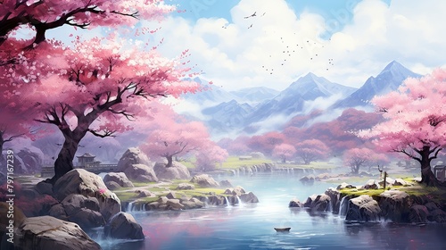 Beautiful fantasy spring nature landscape and cherry blossom tree animated background in japanese anime watercolor Generative AI © KRIS