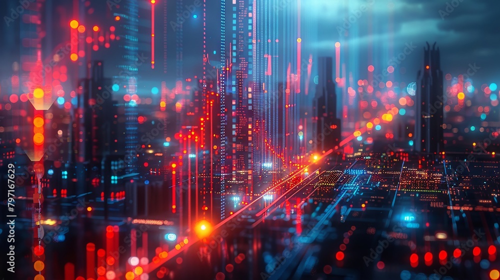 Futuristic cityscape with digital investment charts blending in Futuristic cityscape with digital investment charts blending in