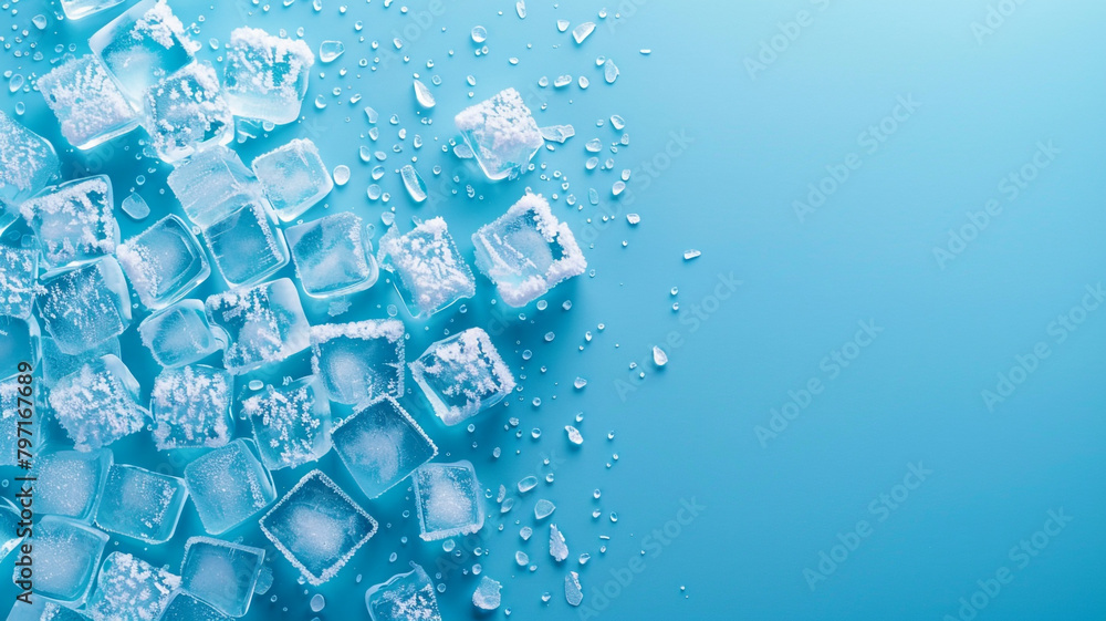 Long banner panorama of ice cubes with a blue background - top view, cold, fresh concept. Long banner panorama of ice cubes with a blue background - top view, cold, fresh concept.