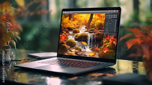 Close-up of laptop with circuit on screen. Technology concept. 3D Rendering photo