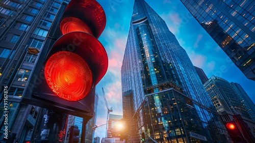 Bright red traffic light indicating halt in a modern cityscape photo