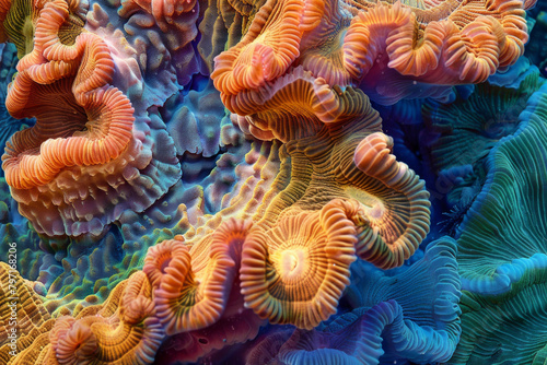 The textured surface of coral formations found in underwater ecosystems, showcasing their intricate structures and vibrant colors. Coral textures offer a marine-inspired backdrop. © grey