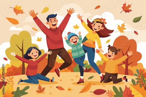 A playful of parents and children jumping into a pile utumn leaves, with laughter and smiles all around