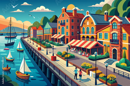 A picturesque waterfront promenade lined with historic warehouses and cobblestone streets, a vibrant hub ctivity and commerce