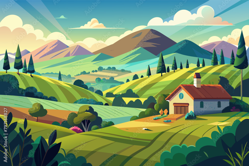 A peaceful countryside scene with rolling hills A peaceful countryside scene with rolling hills
