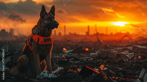 Rescue canine with bright vest on a misty field of debris at sunset