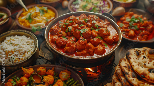 indian food feast with chicken tikka masala curry, tandoori chicken and appetizers photo
