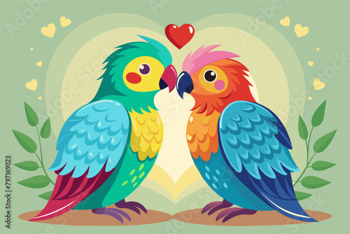 A pair of lovebirds preening each others feathers affectionately