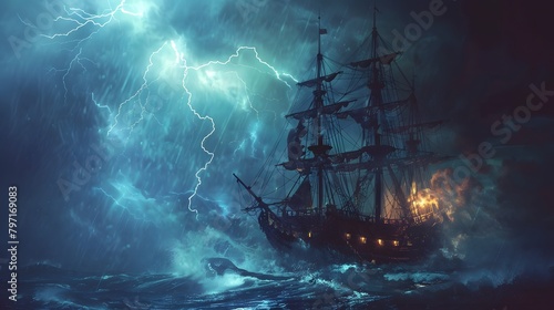 pirate ship sailing on the sea, 3D render photo
