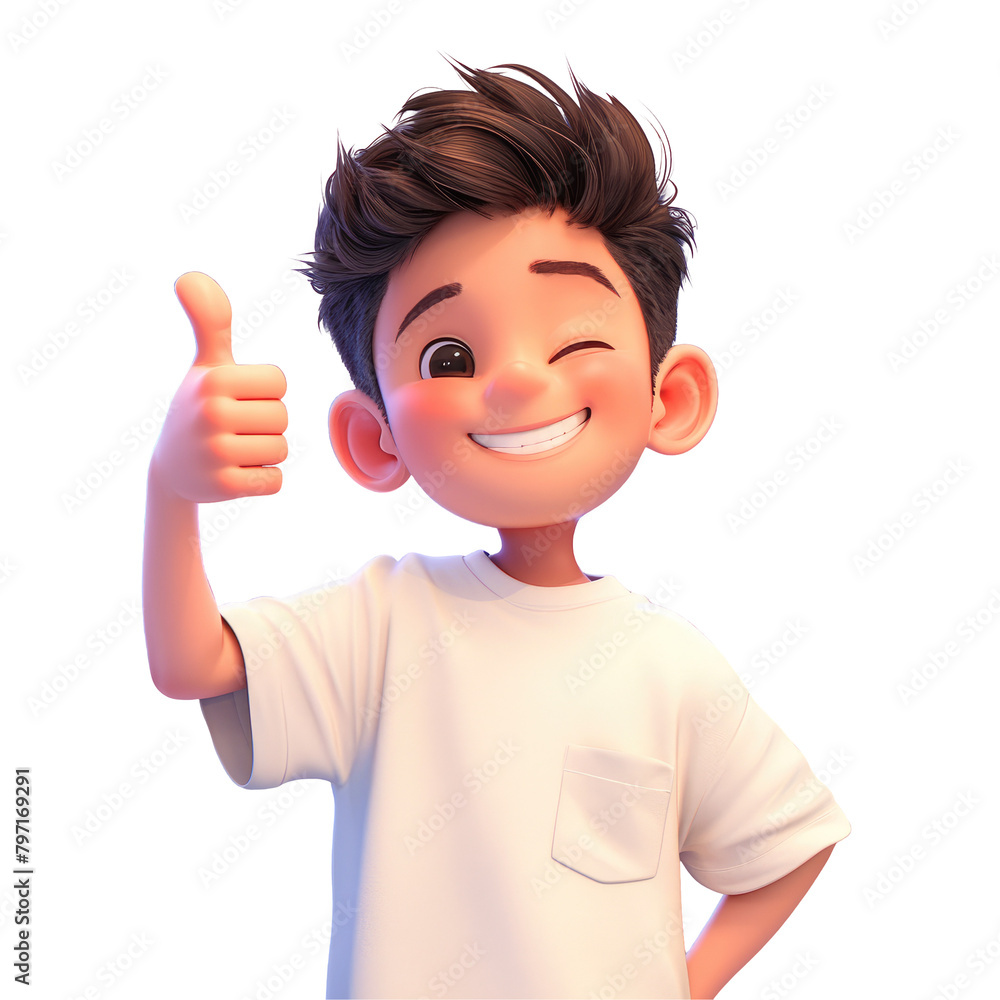 A cheerful young Asian cartoon character in his 20s donning a white t shirt appears pleasantly surprised as he enthusiastically gives a thumbs up gesture against a neutral gray background His A cheerful young Asian cartoon character in his 20s donning a white t shirt appears pleasantly surprised as he enthusiastically gives a thumbs up gesture against a neutral gray background His
