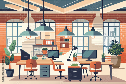 An urban workspace with a mix of exposed brick and white painted walls, industrial-style desks, and hanging pendant lights