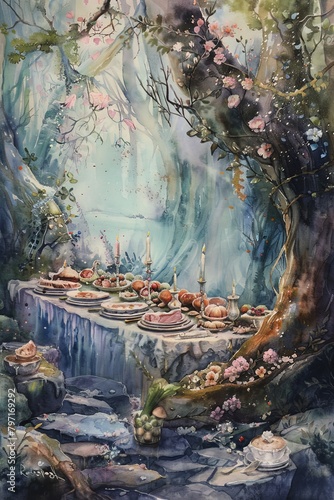 A captivating watercolor painting of a feast laid out in an enchanted forest. Sunlight filters through the trees, illuminating a table laden with delectable treats and drinks amidst blooming flowers