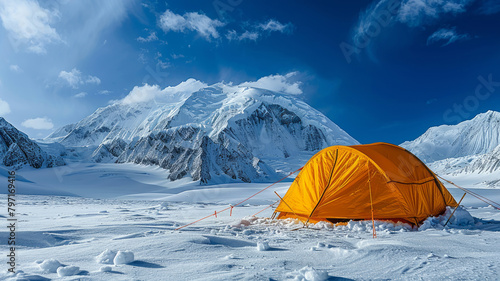 Remote yellow tent against snowy mountain backdrop under blue skies