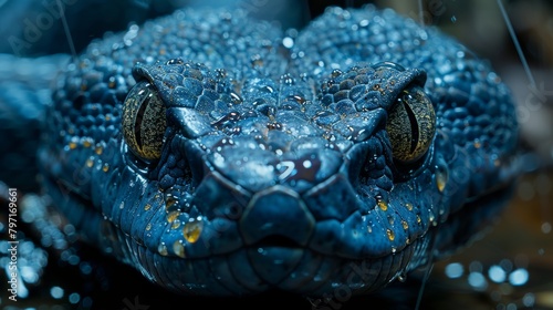 Close-up of blue snake with water droplets