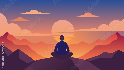 A lone figure sat atop a hill watching the sunrise and meditating while reflecting on the challenges and victories of their spiritual journey.. Vector illustration
