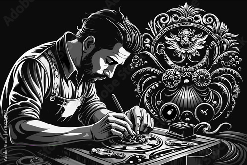A mesmerizing shot  metalworker engraving intricate patterns onto a piece of silver jewelry, with delicate etching tools and steady hands