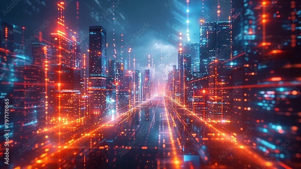 Obraz premium Futuristic cityscape with vibrant lights and data overlays