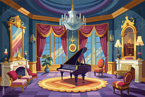 A luxurious living room, featuring opulent furniture, a grand piano, and elegant, decorative details