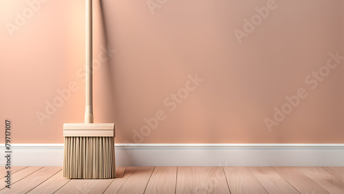 A broom is leaning against a wall in a room with a white wall photo