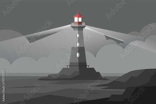 A lone lighthouse rising from the fog, its beacon cutting through the gray haze