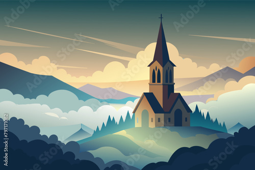 A lone church steeple rising above the fog, its cross reaching toward the heavens photo