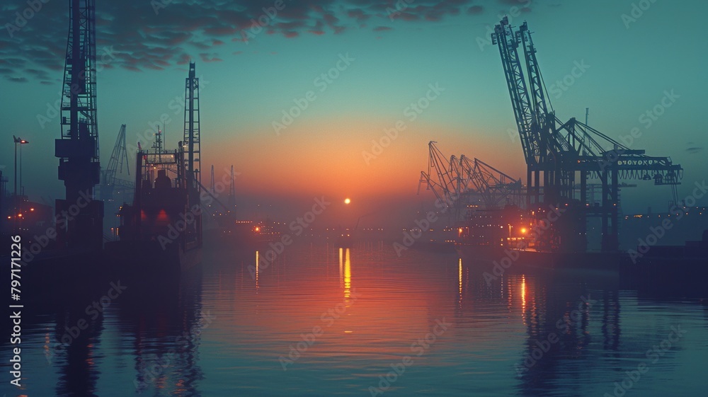 Dusky sea dock with towering cranes and digital global map overlay