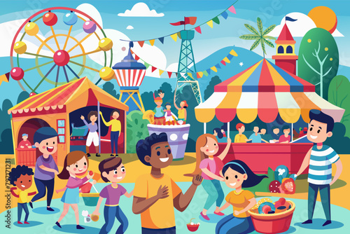 A lively scene of people enjoying street food and carnival rides at a local county fair, with laughter and excitement in the air