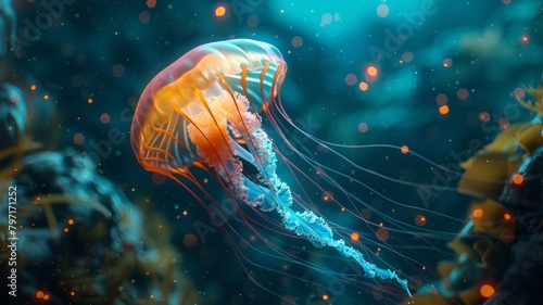 Luminescent jellyfish drifting in a mystical underwater scene photo