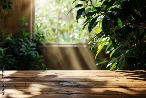 wood table background with sunlight window create leaf shadow on wall with blur indoor green plant foreground.panoramic banner mockup for display of product warm tone lights - generative ai