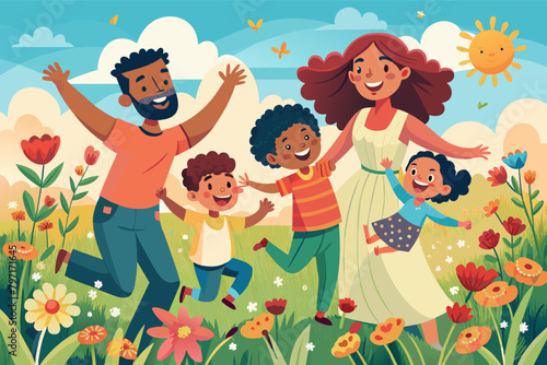 A joyful  of parents and children playing in a sun-drenched field, with flowers blooming and laughter filling the air