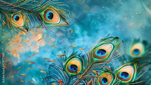 Vibrant birds leave on the 3D abstract wallpaper on the living wall. Peacock feathers on a background of abstract.