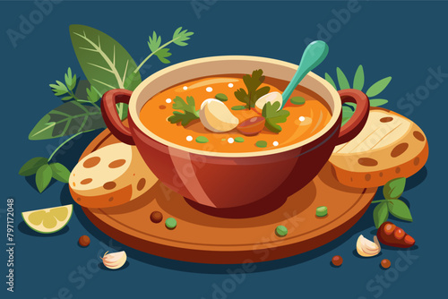 A hearty bowl of homemade soup, garnished with fresh herbs and served with crusty bread for dipping