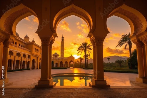 Warm Sunset Souk Vibrant Moroccan Tile Backdrops architecture building hacienda. © Rawpixel.com