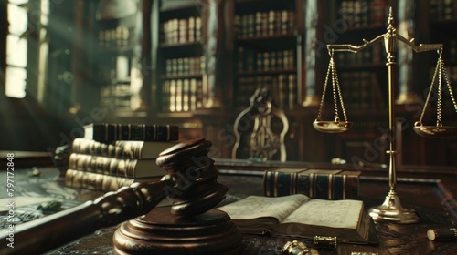 Craft an image of legal authority where a gavel strikes decisively  framed by the presence of golden scales of justice and law books