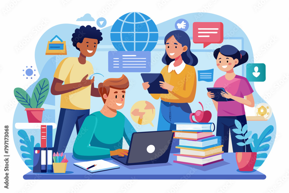 A group of students engaged in a collaborative online project, representing the power of technology in education. A group of students engaged in a collaborative online project, representing the power of technology in education.