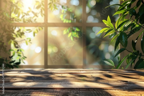 wood table background with sunlight window create leaf shadow on wall with blur indoor green plant foreground.panoramic banner mockup for display of product warm tone lights - generative ai