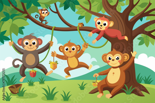 A group of playful monkeys swinging from tree to tree